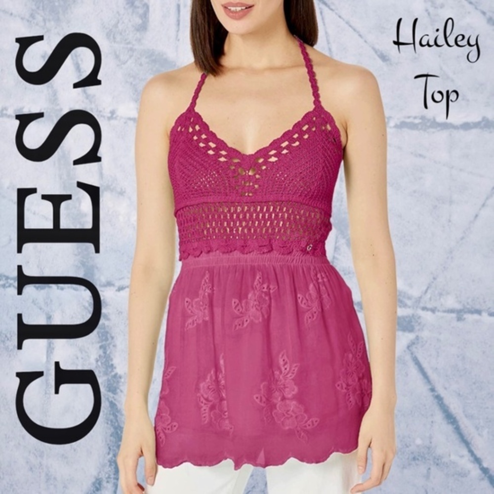 GUESS Hailey Crochet Bustier Halter Top Silk Blend Embroidered Italy Purple/MD